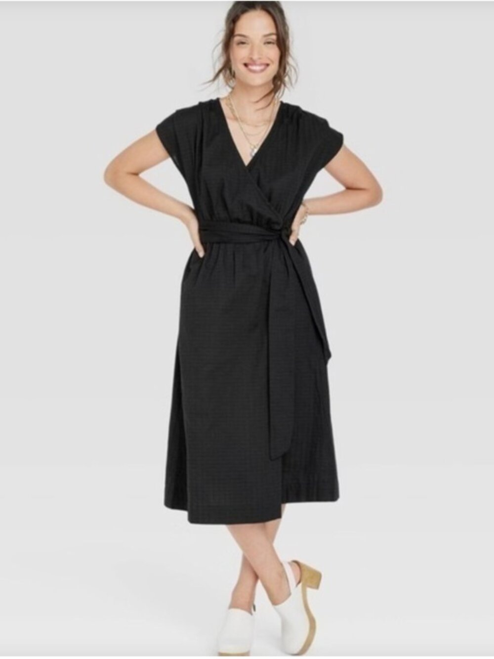 Universal Thread 100% Cotton Wrap Midi Dress Black Tie Waist Pockets L